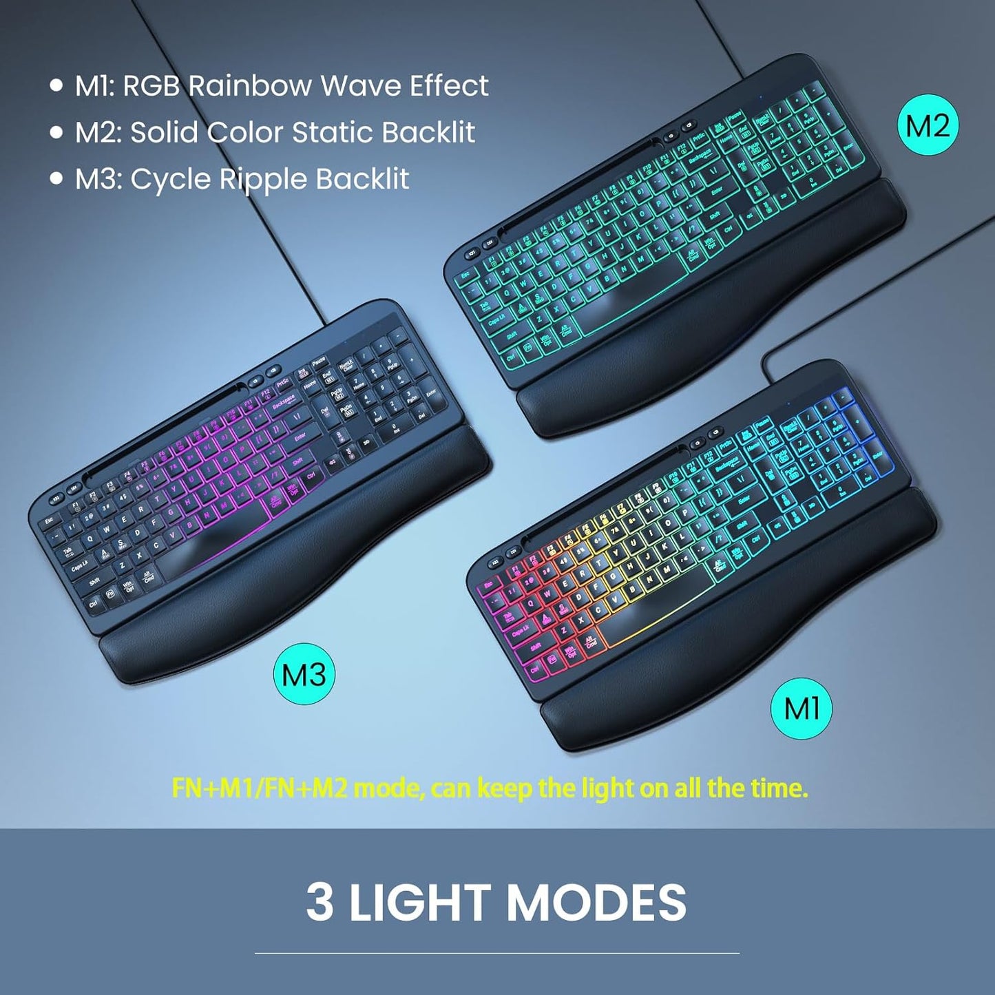 VEILZOR 7-Color Wired Ergonomic Keyboard, Backlit USB Computer Keyboard with Wrist Rest, Wave Keys, Phone Holder