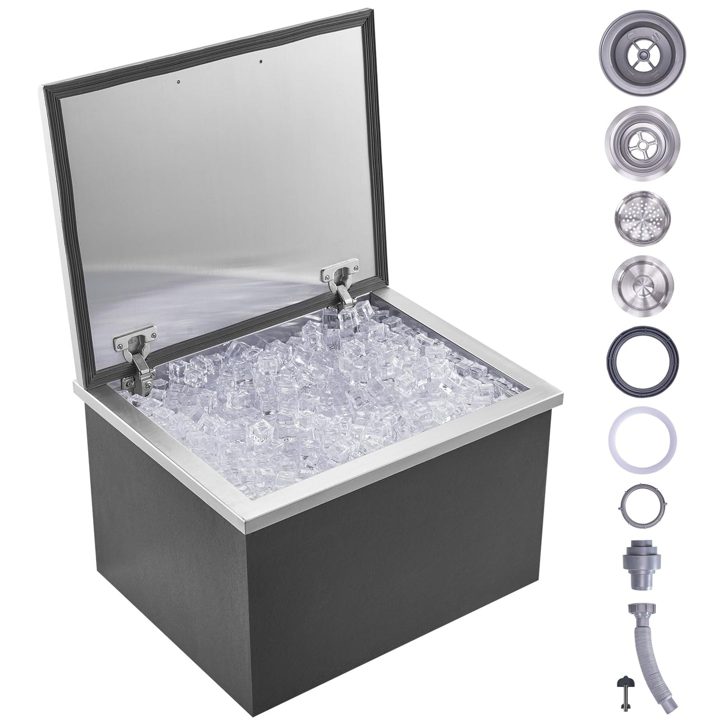 VEVOR Drop in Ice Chest, 20" L x 16" W x 13" H Stainless Steel Ice Cooler, Commercial Ice Bin with Hinged Cover, 40 qt Outdoor Kitchen Ice Bar, Drain-Pipe and Drain Plug Included, for Cold Wine Beer