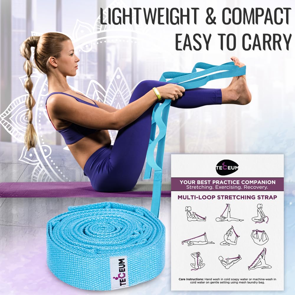[NEW 2023] TECEUM Yoga Stretching Strap 10 Loops Non-Elastic Strap - Home Workout Stretch Strap for Physical Therapy, Yoga, Pilates plpr 1 in LtB
