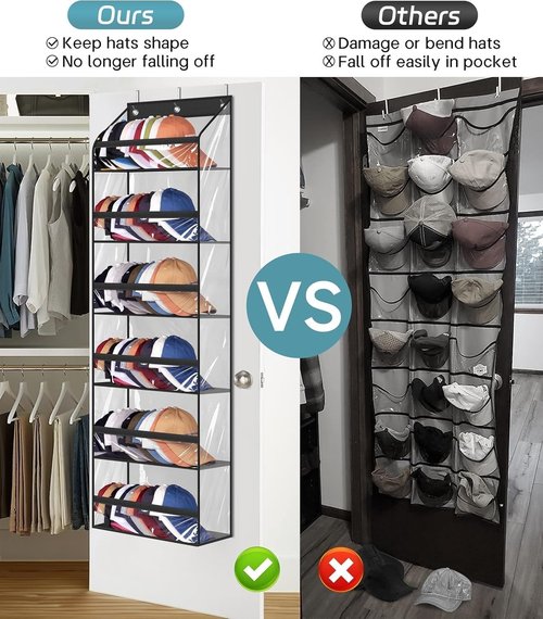 AOODA Clear Over The Door Hat Rack - Large Storage Organizer for Up to 72 Baseball Caps | Black