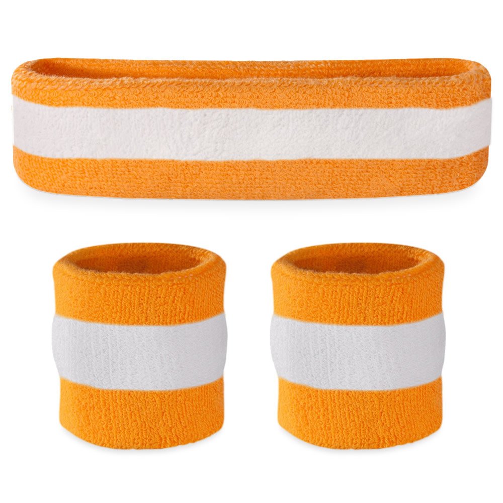 Suddora Moisture Wicking Striped Orange and Black Sweatband Sets (4 Wristbands and 2 Headbands) Breathable Athletic Sweat Bands for Sports, Football, Tennis, Yoga, Gym, Costumes & Cosplay,