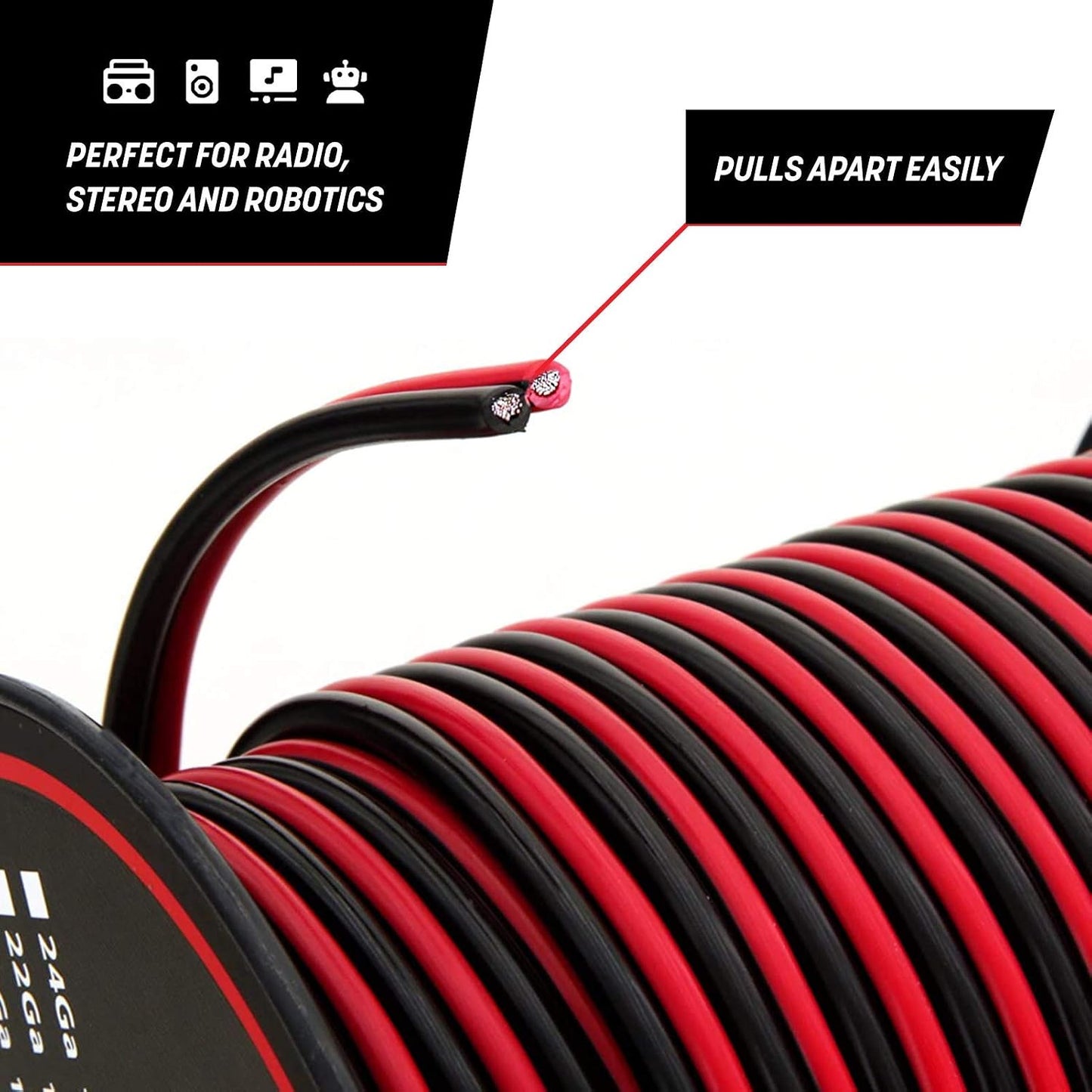 100ft 12 12 12v, GS Power CCA Gauge Wire Automotive, Red & Black Bonded, AWG Flexible Speaker Electrical Wire Low