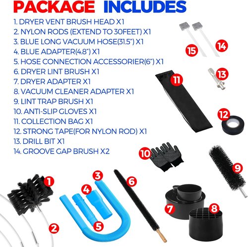 Holikme Dryer Vent Cleaner Kit - 30ft Cleaning Brush & Vacuum Attachment for Lint Removal | Blue