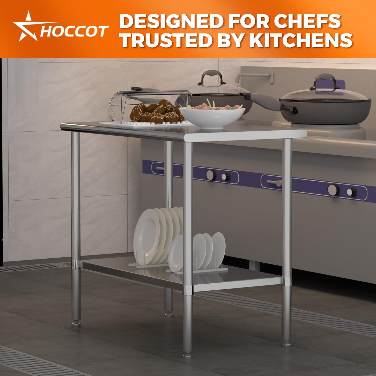 HOCCOT All Stainless Steel Work Table, Heavy Duty Prep Table 24x48 Inch with Stainless Steel Undershelf & Replaceable Feet(Without Casters) Commercial Workstation for Restaurant Kitchen Garage Outdoor