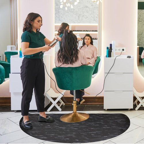 Amcomfy Anti Fatigue Semi Circle Salon Mat for Hair Stylist Anti-Slip Antique Series Salon & Barber Shop Chair Floor Mat (3' x 5' x 1/2'', Marbled Black)