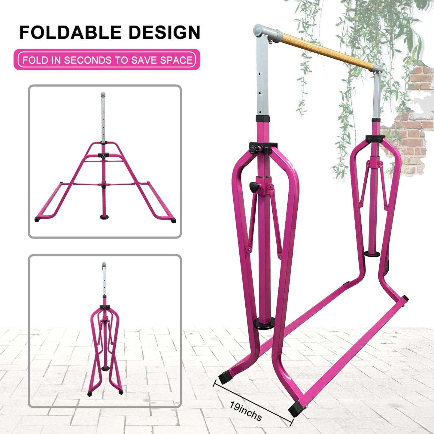 kechery Foldable & Moveable Gymnastics Horizontal Bar with Rings,3’to 5’Adjustable Height Expandable Junior Kip Bar for Home,Indoor Gym Equipment for Kids(Foldable Pink with Rings)