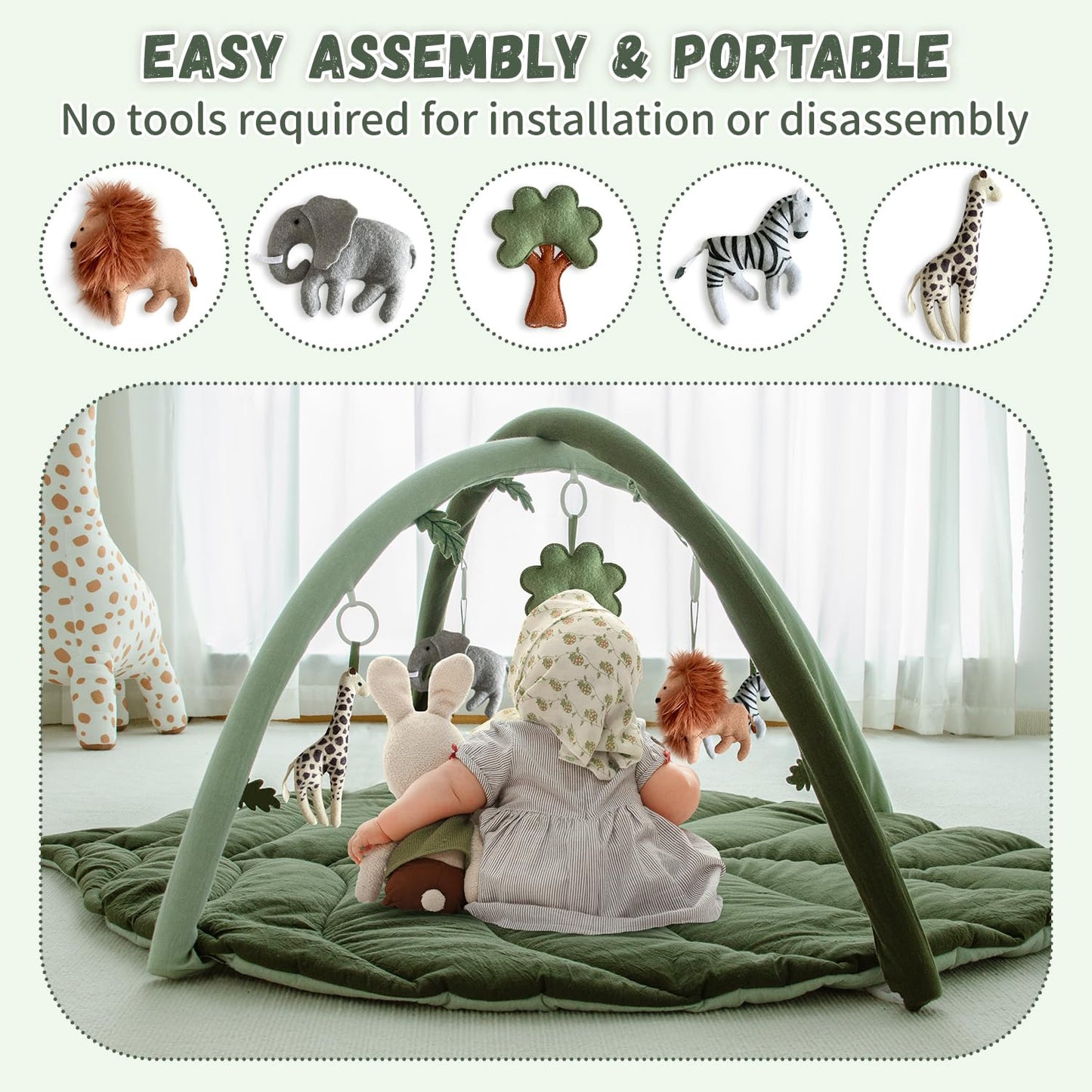 Baby Play Gym with Mat Leaf Shaped, Baby Play Mat with 5 Hanging Toys Tummy Time Mat, Baby Gym Activity Center, Washable (Green)