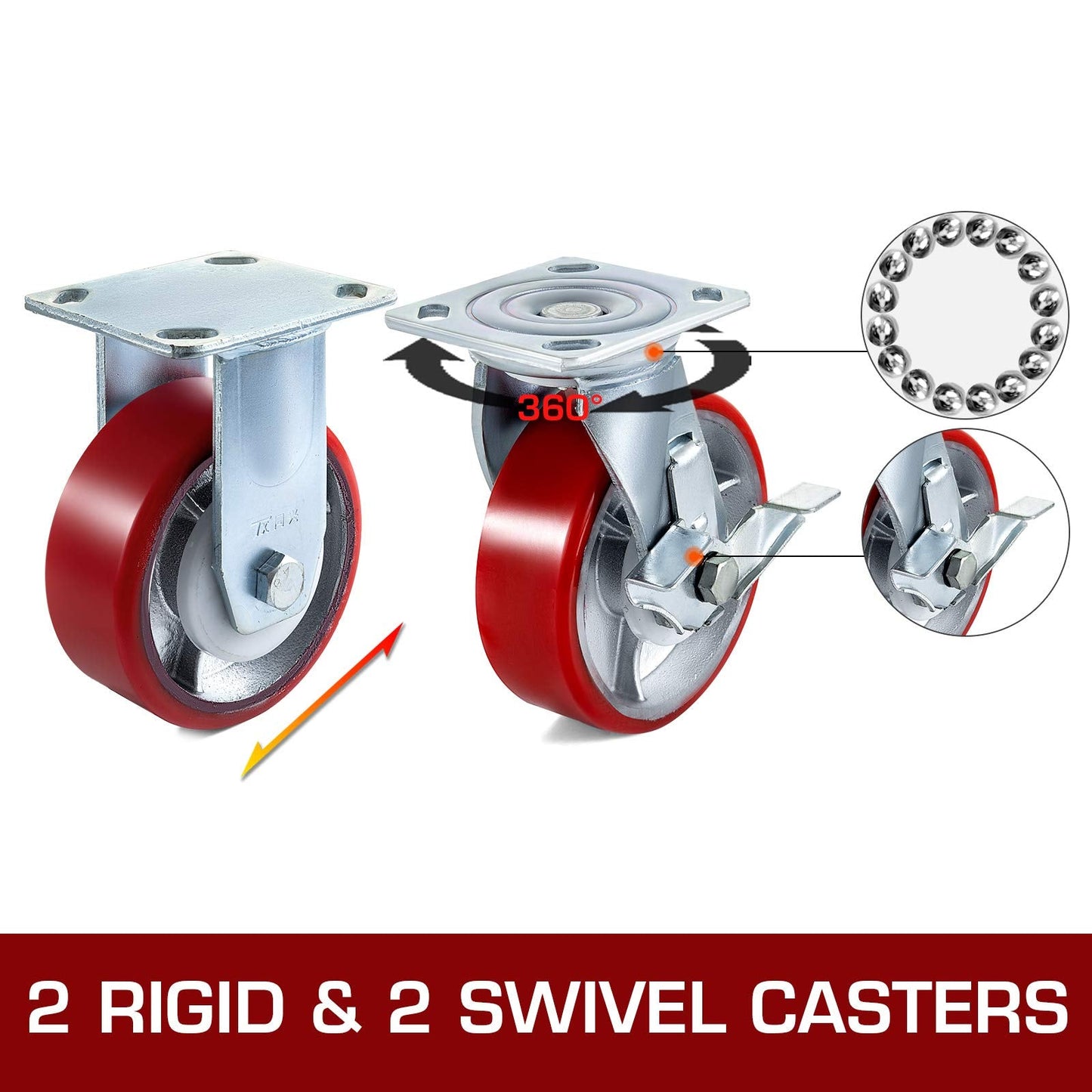VEVOR Caster Wheels Set of 4, 6" Heavy Duty Casters (2 Rigid and 2 Swivel Casters with Side Brake) Polyurethane Iron Core Plate 4000LBS Capacity