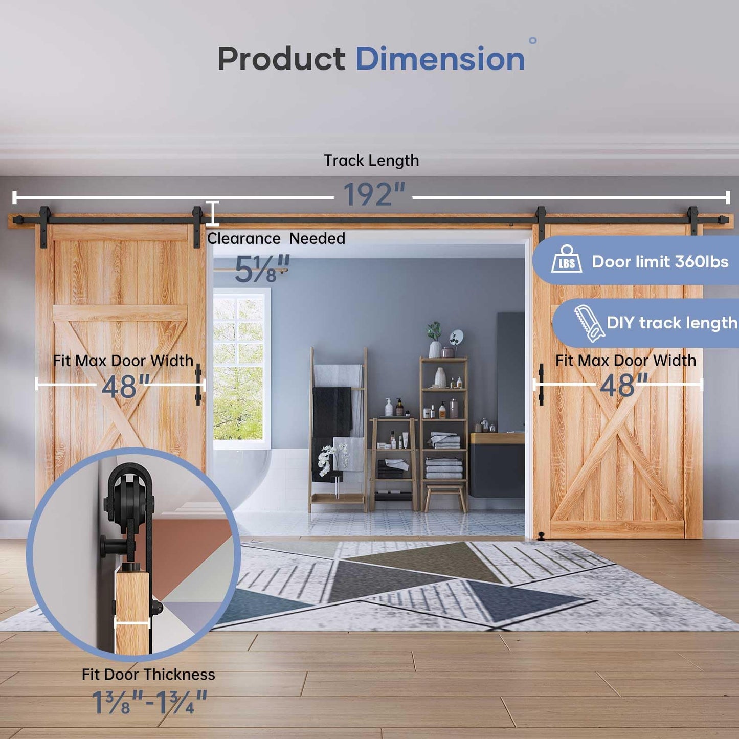 EaseLife 16 FT Double Sliding Barn Door Track and Handle Hardware Kit,Basic J Pulley,Slide Smoothly Quietly,Easy Install (16FT Track Kit for 44"~48" Wide Double Door)