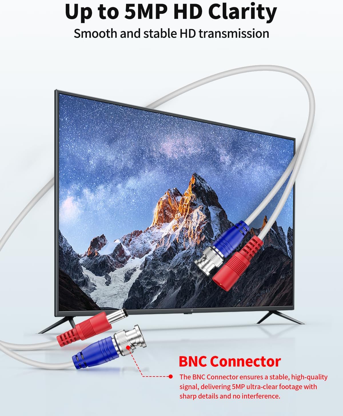 2-in-1 4-Pack 100FT Video Power Cable White Extension Wire with BNC Connectors and RCA Adapter for Outdoor Security