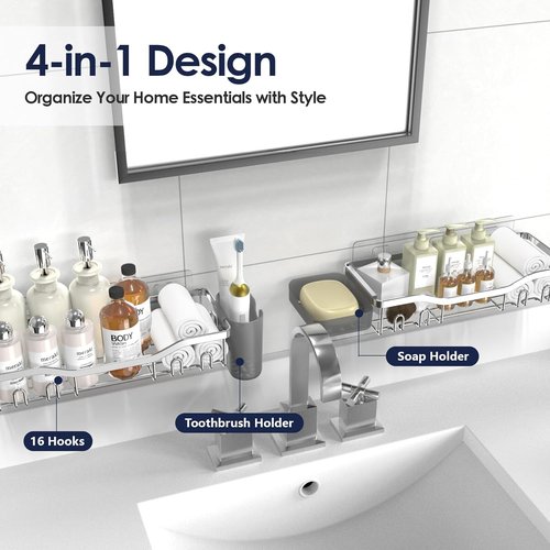 NESOMI Shower Caddy - Adhesive Bathroom Organizer with Soap Dish & 16 Hooks | Rustproof Stainless Steel, 2 Pack Silver