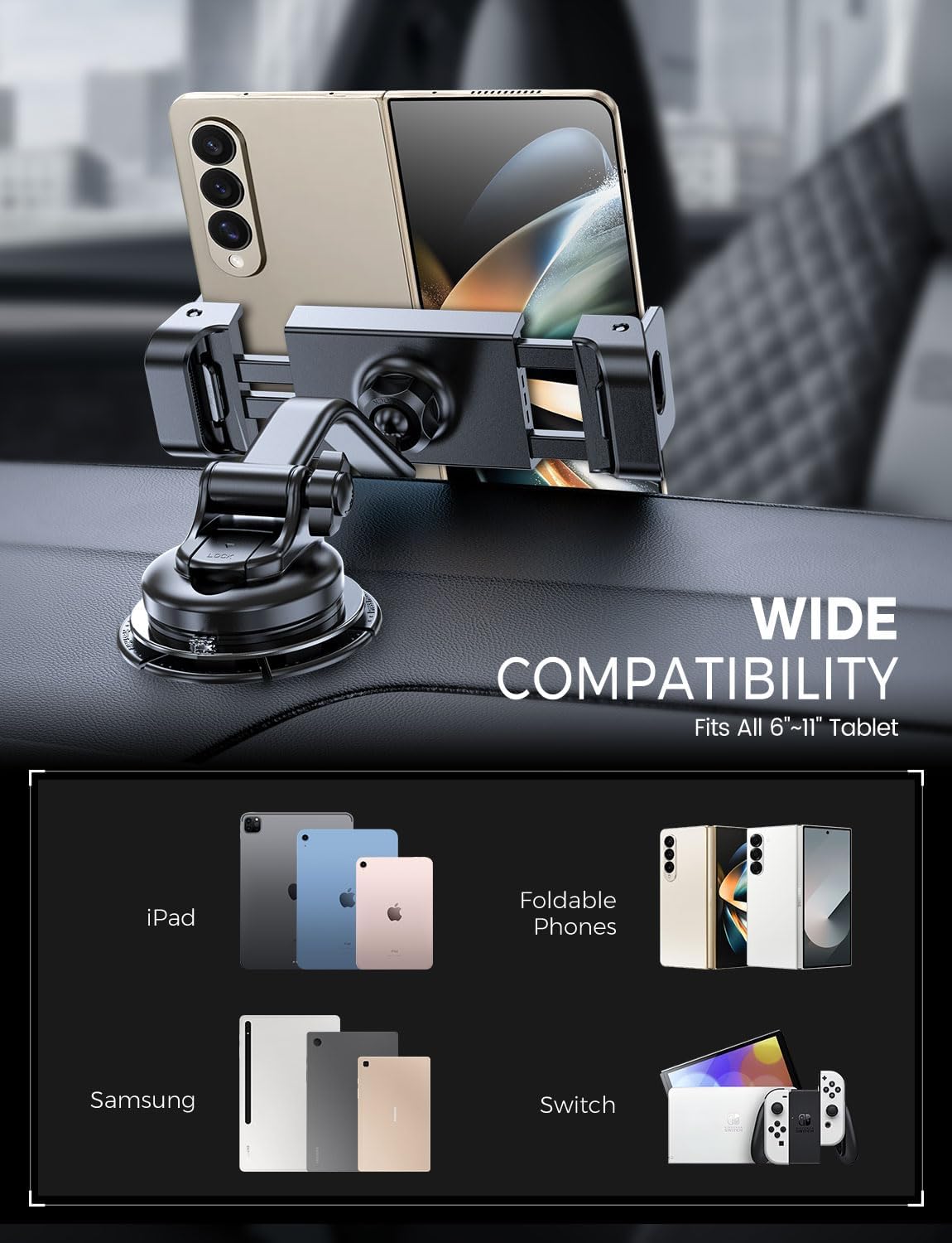 eSamcore 360 6-11 Tablet Holder for Car Dashboard, Windshield Mount Holder for iPad & Foldable Phone Stand with Stable