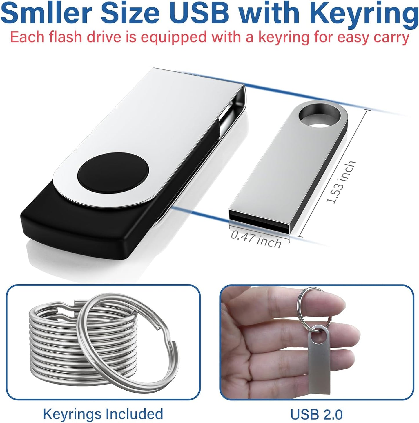 Wooolken 5 Pack 4GB 2.0 USB Flash Drive with Keychains, Sleek Metal USB Thumb Drives Memory Stick for PC Laptop