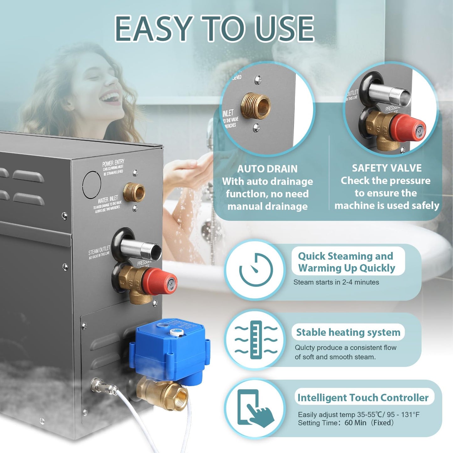 7.5KW Steam Generator-Quick start continuous steam，with Blackdigital control panel Self-Draining System, 95-131°F Temp Control,Can be used for heating a space area of 7.5m³/247Cu.ft. (7.5KW 220V)