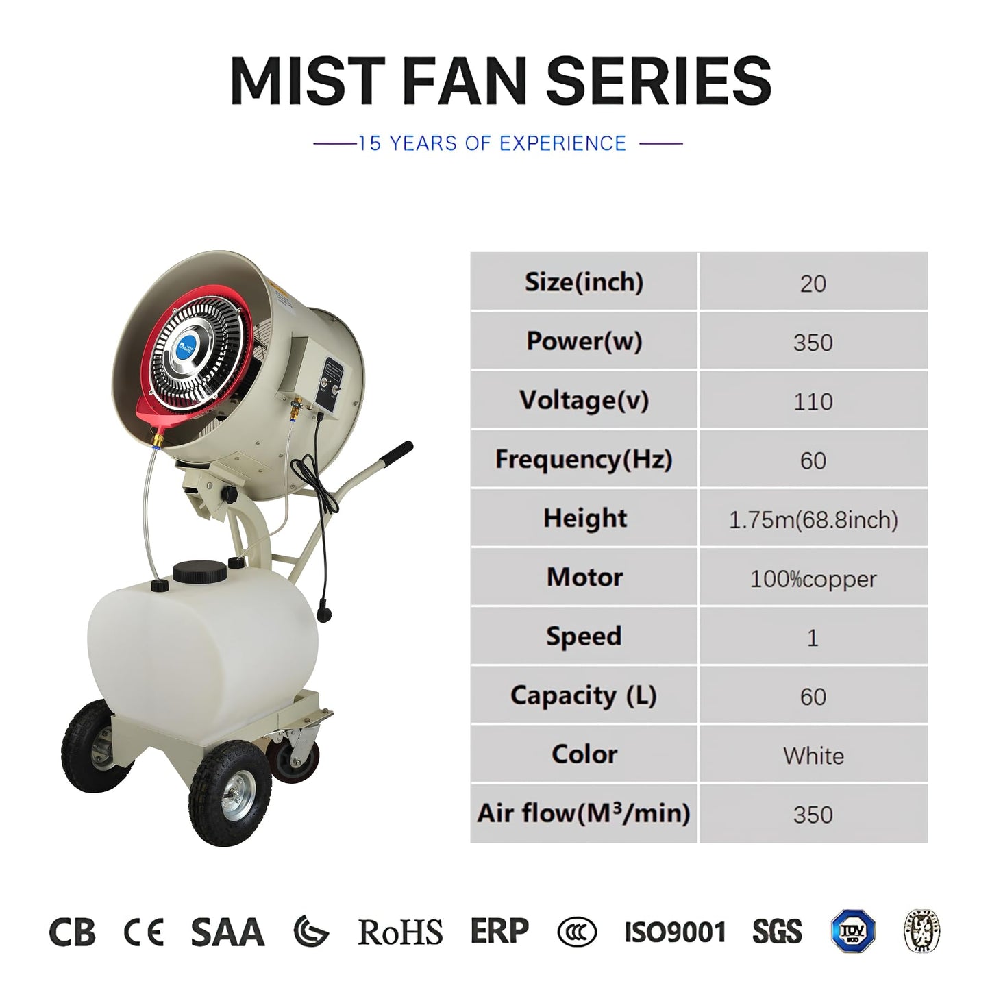 High Power Misting Fan – All Metal 20 inch 350W with 1200 Sq Ft Cooling & 16 Gal Tank (White 350W/20 inches)