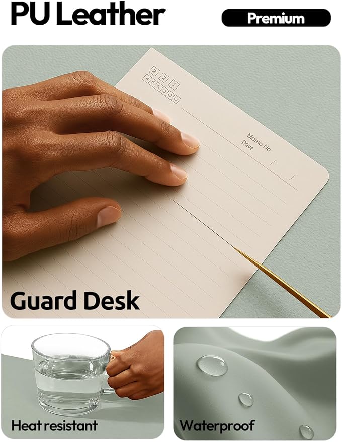 YSAGi Leather Desk Protector, Office Mat, Large Mouse Mat, Non-Slip PU Leather Blotter, Laptop Pad, Waterproof Writing Pad for Office and Home (Grayish Green, 35.4" x 17")
