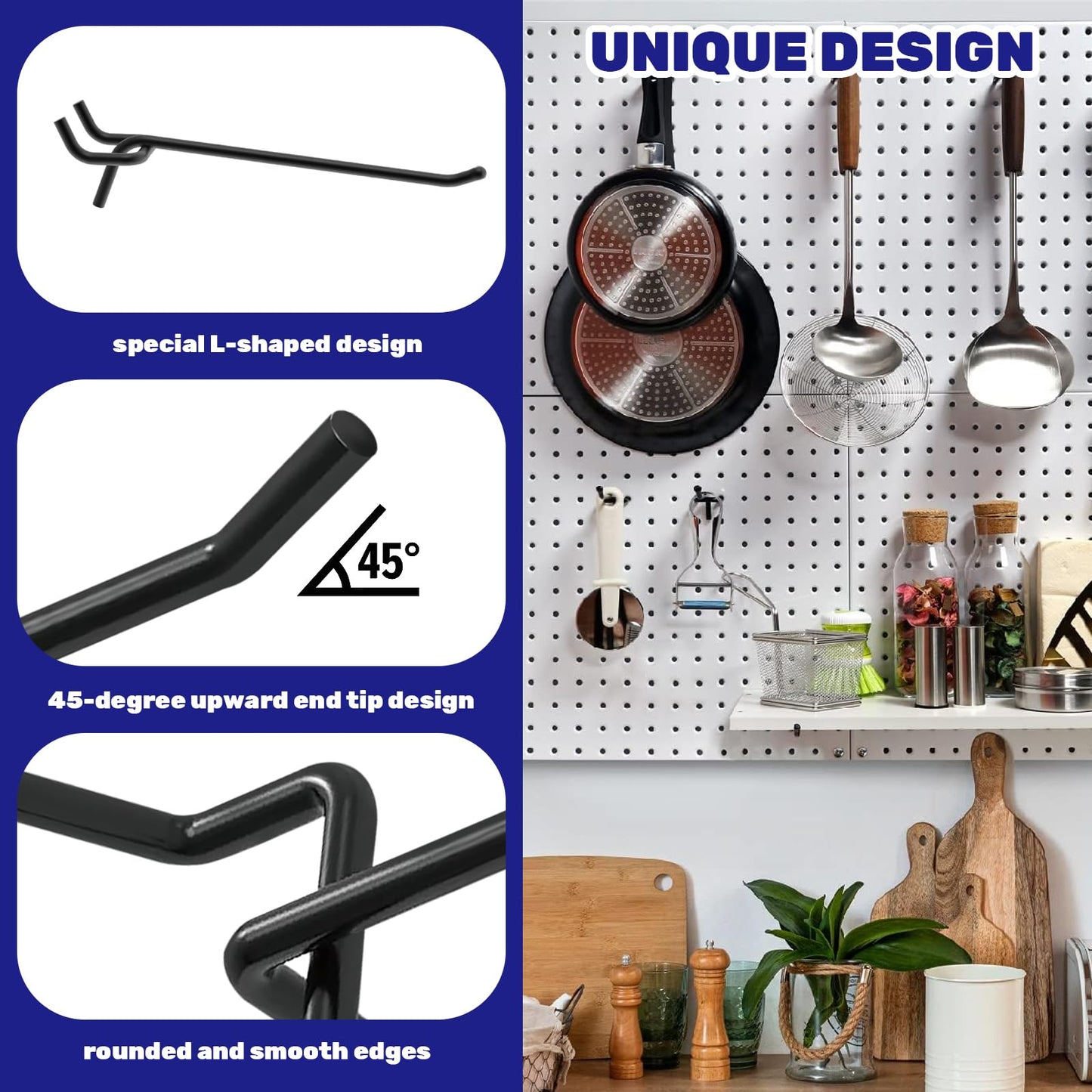 Waltool 40Pcs 2" /50mm Stainless Steel Pegboard Display Hooks Bulk Set, Black Garage Organization Peg Wall Hook Metal Slatwall Panel Hook Fit 1/8 and 1/4 Inch Pegboard for Retail