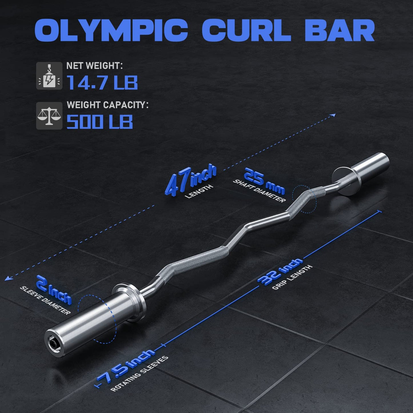 Olympic EZ Curl Bar, 47" Barbell Bar for Weight Lifting, Biceps, triceps, Back/Leg Muscle Group exercise,Chrome Curling Bar for 2 Inch Weight Plates,with 2 Spring Collars