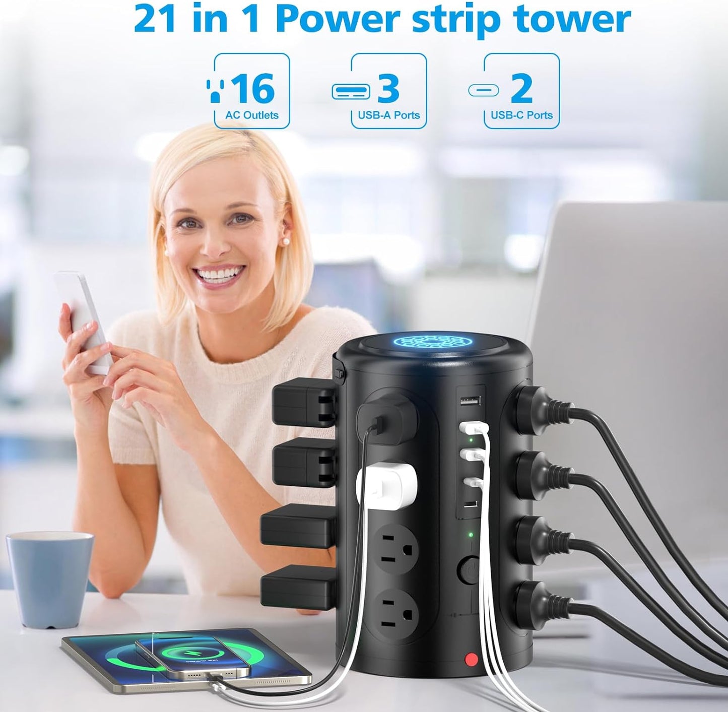 UWIWUTEI 16 5 (2 6FT Tower Power Strip Surge Protector with Outlets and USB Ports USB-C), Extension Cord with Multiple