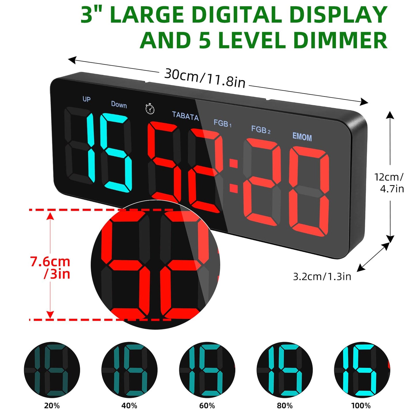 PELLOR Upgraded Gym Timer Clock for FBG/EMOM/Tabata, Interval Timer with Function Modes Display, Countdown/Up Stopwatch Clock for Sports,Home Gym,Yoga,Boxing,Garage,Office,Classroom