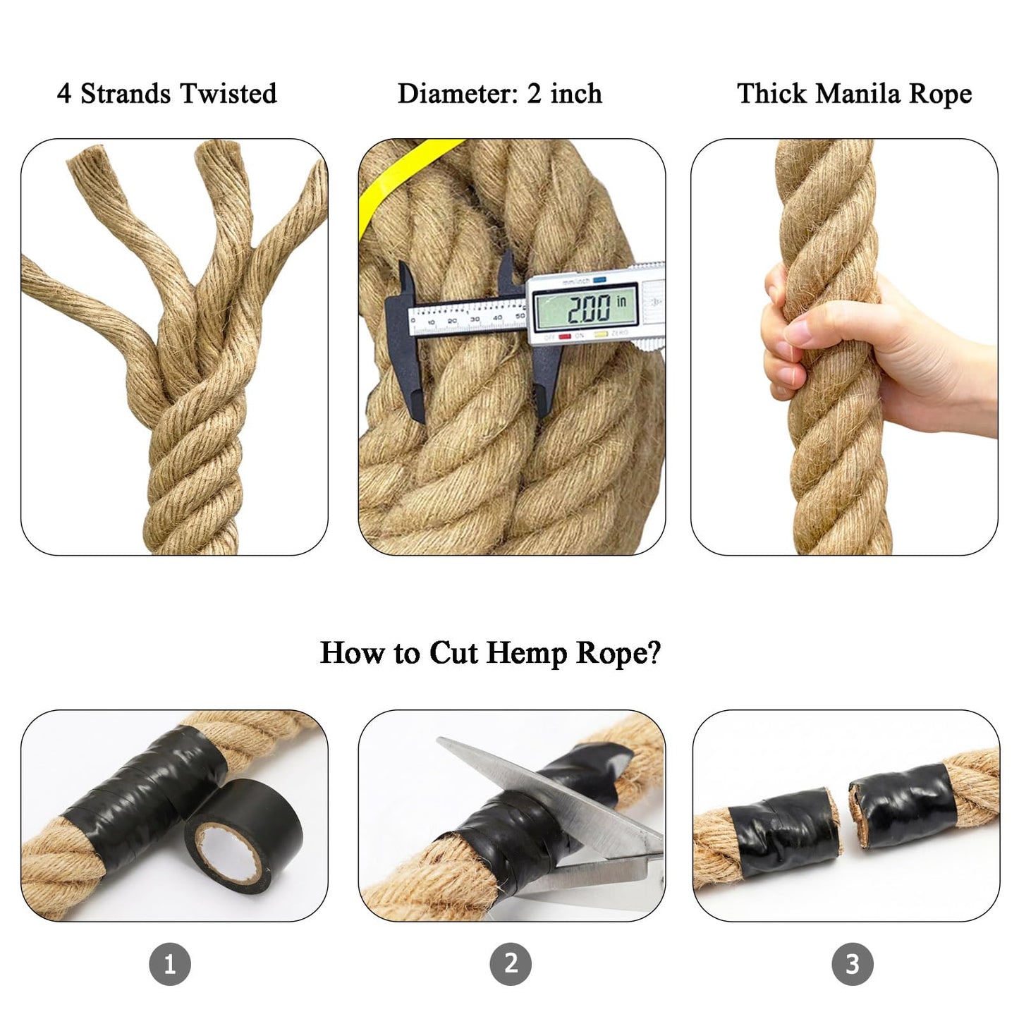 Natural Jute Rope (2 Inch x 50 Feet) Thick Hemp Rope Twisted Manila for Deck Railings, Swing Bed, Tug of War, Docks, Nautical, Decorating