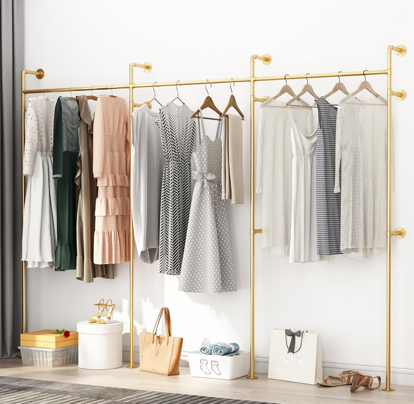 ORSENIGO Industrial Pipe Clothing Rack, Heavy Duty Clothes Rack for Hanging Clothes, Wall Mounted Display Garment Rack for Home Retail Boutique (Three, Gold)
