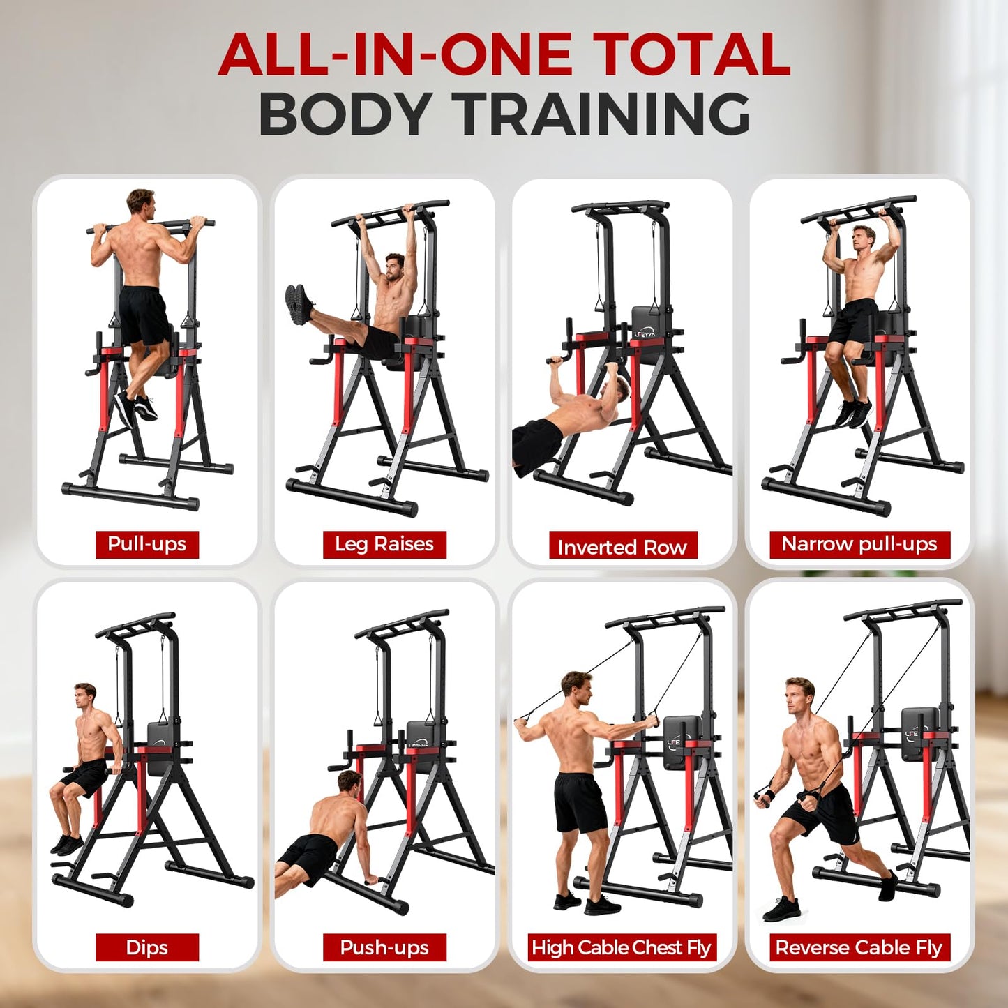 Power Tower Pull Up Bar Free Standing,13-Level Adjustable Height Dip Station with X-Frame Stability, Multi-Grip Handles, Backrest, Home Gym Strength Training Equipment 400LBS