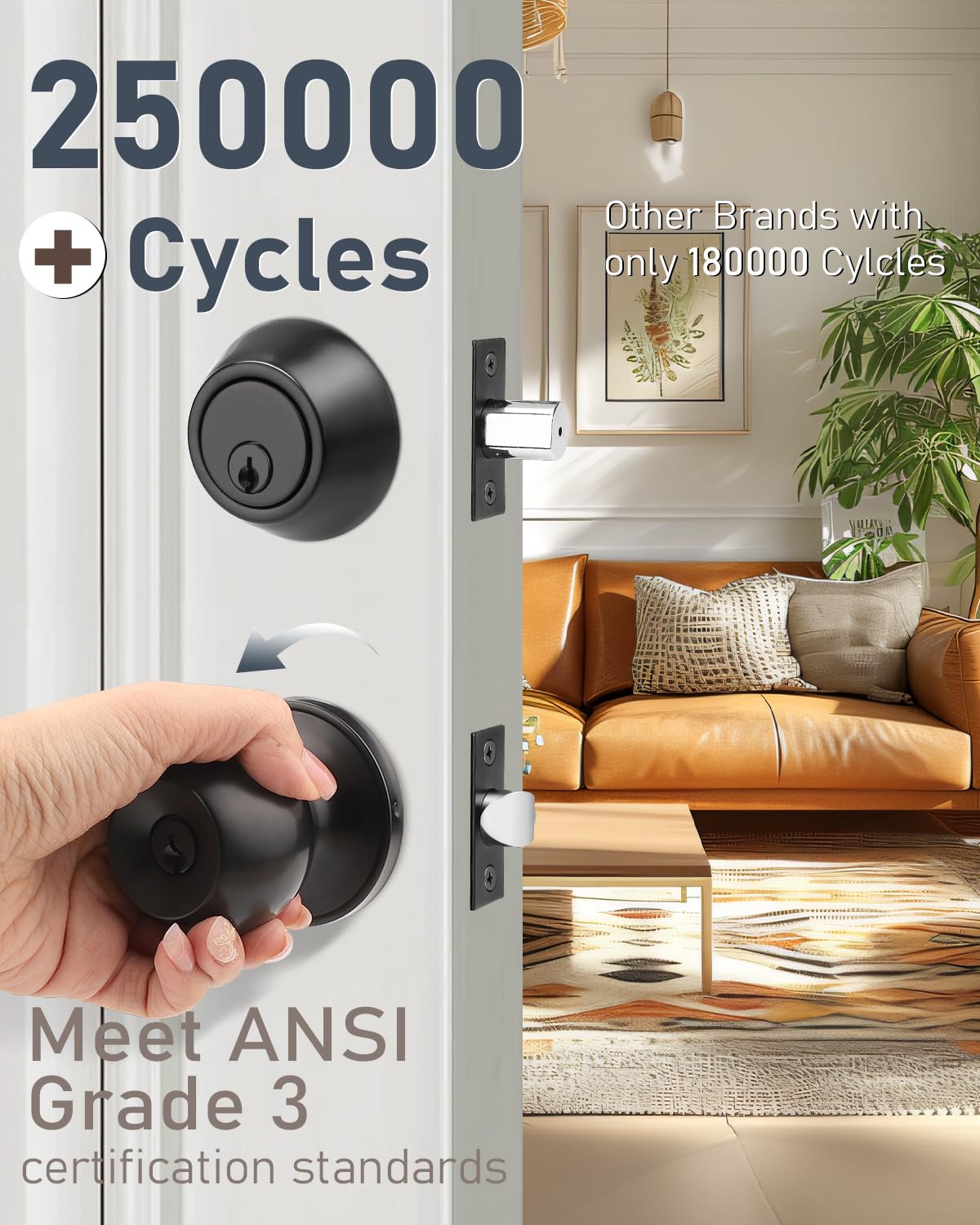 Brotima 1 Pack Entry Door Knob Lockset and Single Cylinder Deadbolt Combination Set in Matte Black Finish, Keyed Alike Exterior Knob Lock and Deadbolt for Front Door and Outside Gate