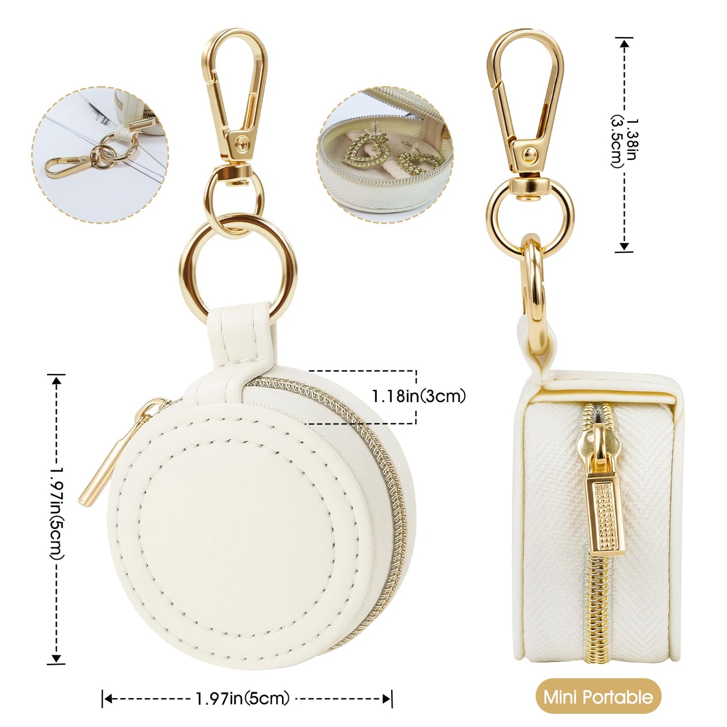 AUUTI Portable Ring Keychain Holder for Gym and Travel - White Jewelry Holder for Sports Bag, Compact Ring Earring Necklace Storage Case