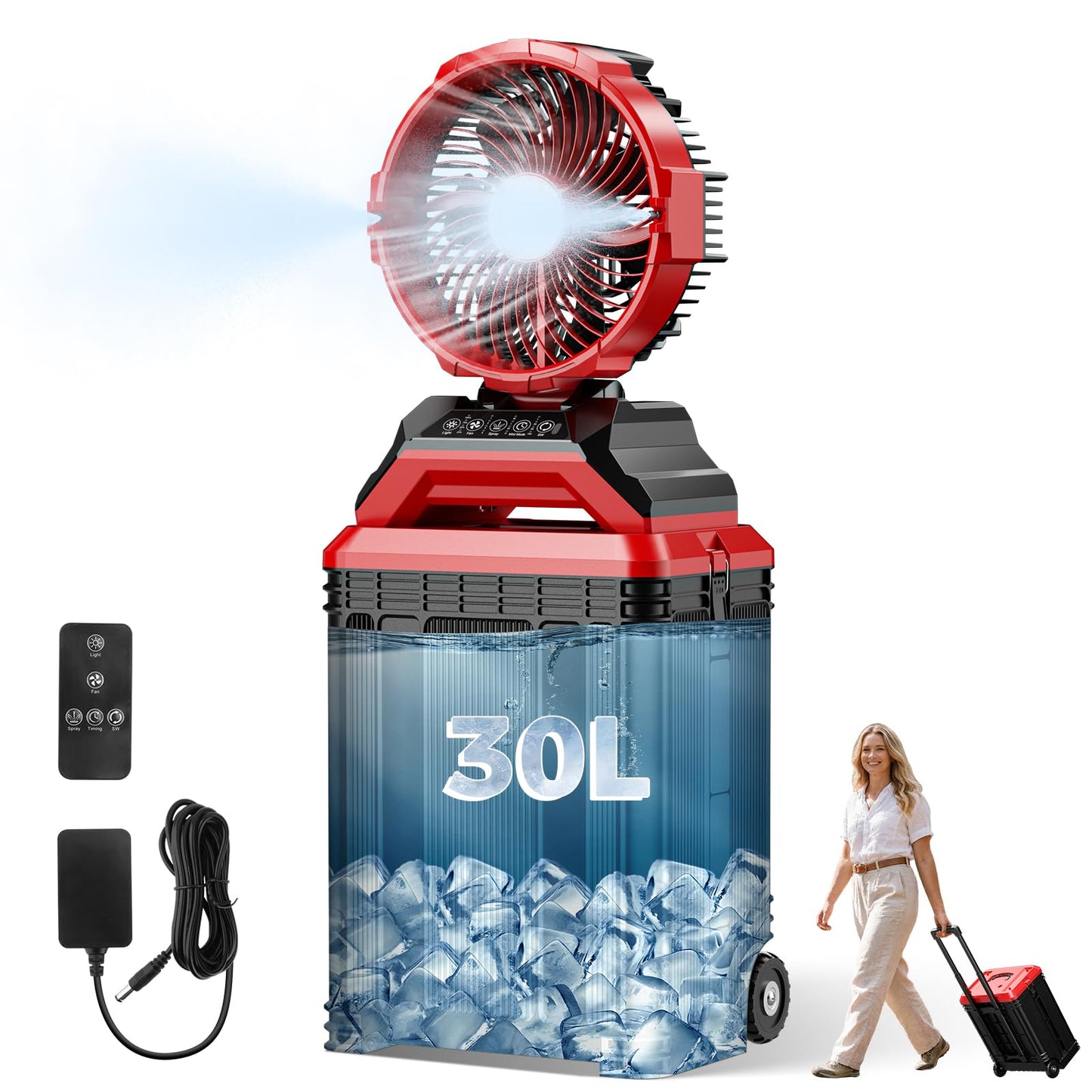 Portable Misting Fan with Wheels, 2-in-1 Rolling Mist Fan with 30L Water Tank, 30000mAh Rechargeable Battery Operated Cooling Station with Remote for Golf Cart, Patio, Camping, Outside & Travel