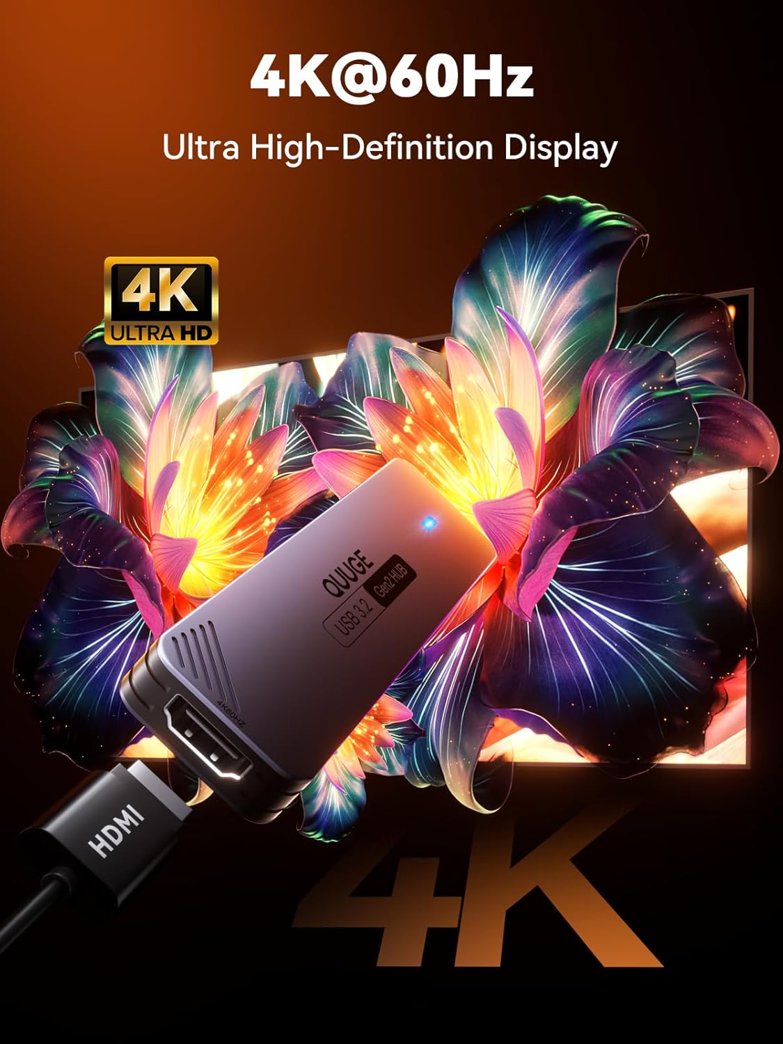 QUUGE 10Gbps, 6-in-1 4K@60Hz 100W 2 3.2 30cm USB C Hub Aluminum Multiport Adapter for Laptops, USB C to HDMI Adapter