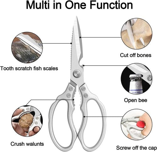 CGBE Kitchen Scissors - Heavy-Duty Multi-Purpose Shears for Poultry, Fish & Herbs | Dishwasher Safe, Silver