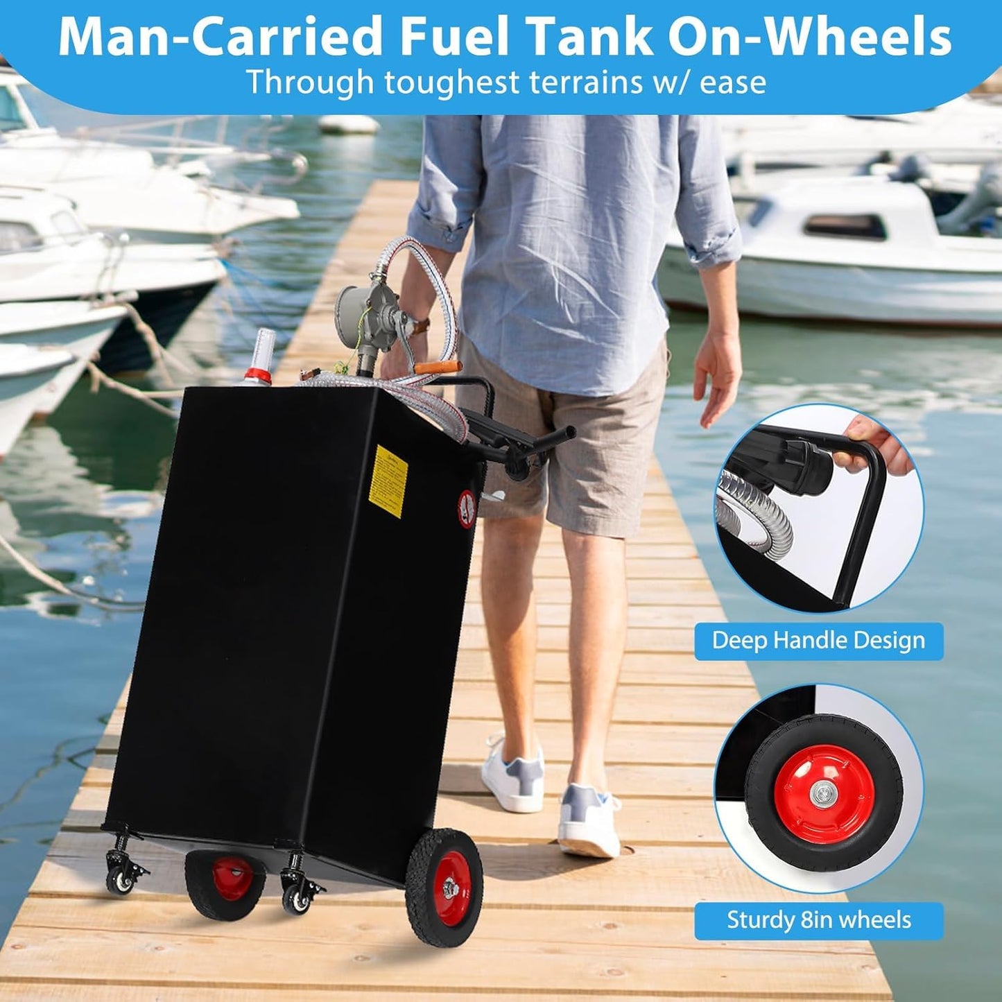 50 Gallon Portable Fuel Caddy with Manual Pump, Heavy Duty Gasoline & Diesel Transfer Tank On 4 Wheels, Mobile Fuel Storage Container for Truck, Boat, Lawn Mower, ATV, Garage & Farm Use – Black