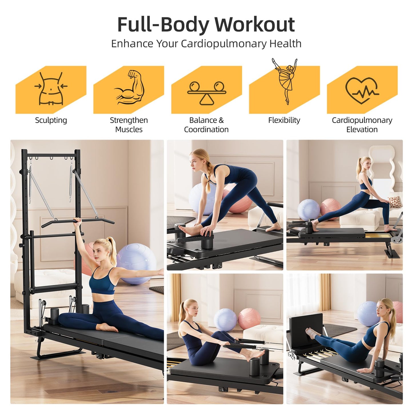 Buytime Pilates Reformer Machine with Tower, 93" Foldable Reformer Pilates Machine with Jumpboard and Wire Spings, Reformer Pilates Machine for Home Gym, Black