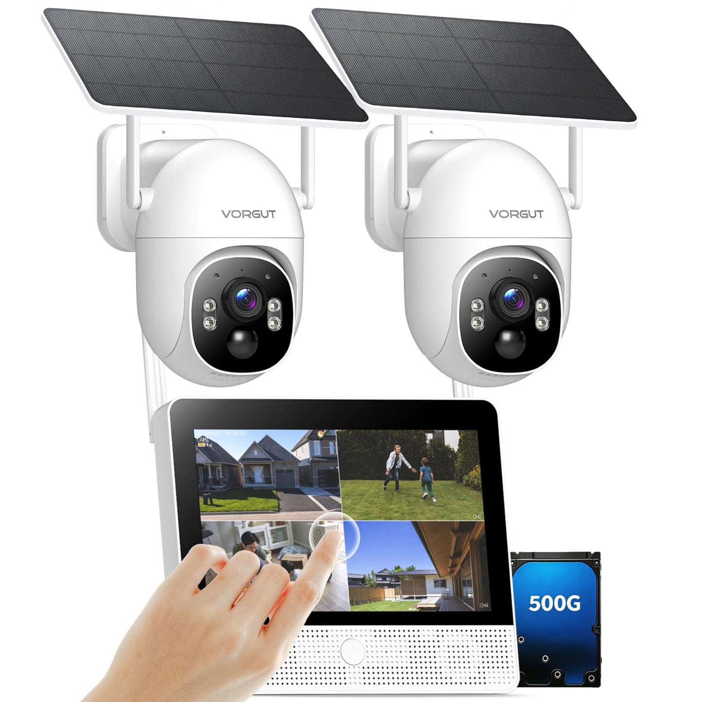 Solar Security Cameras Wireless Outdoor System with 10'' Touch Monitor 10CH NVR, 4MP WiFi6 Cameras for Home Security, 355° Pan 90° Tilt, Night Color, 2-Way Audio, 500G HDD, 0 Monthly Fee, 2 Cam-Kit