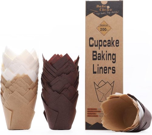 Bake Choice Tulip Cupcake Liners - 200 Pcs Natural Unbleached Baking Cups | Brown & White Standard Size