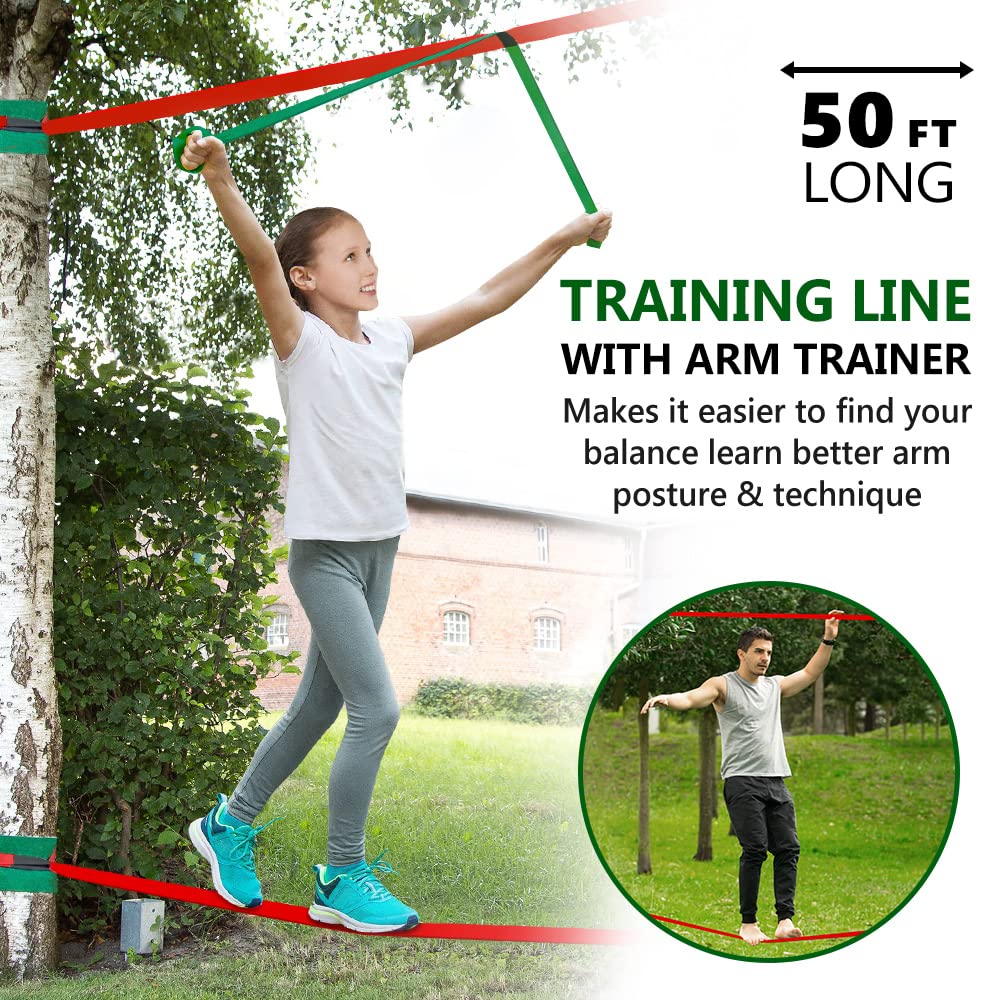 Dripex Ninja Warrior Obstacle Course for Kids, 2×50ft Slack Lines for Backyard with 8 Ninja Accessories - Monkey Bar, Rope Ladder, Gymnastic Ring, Arm Trainer and Monkey Fist