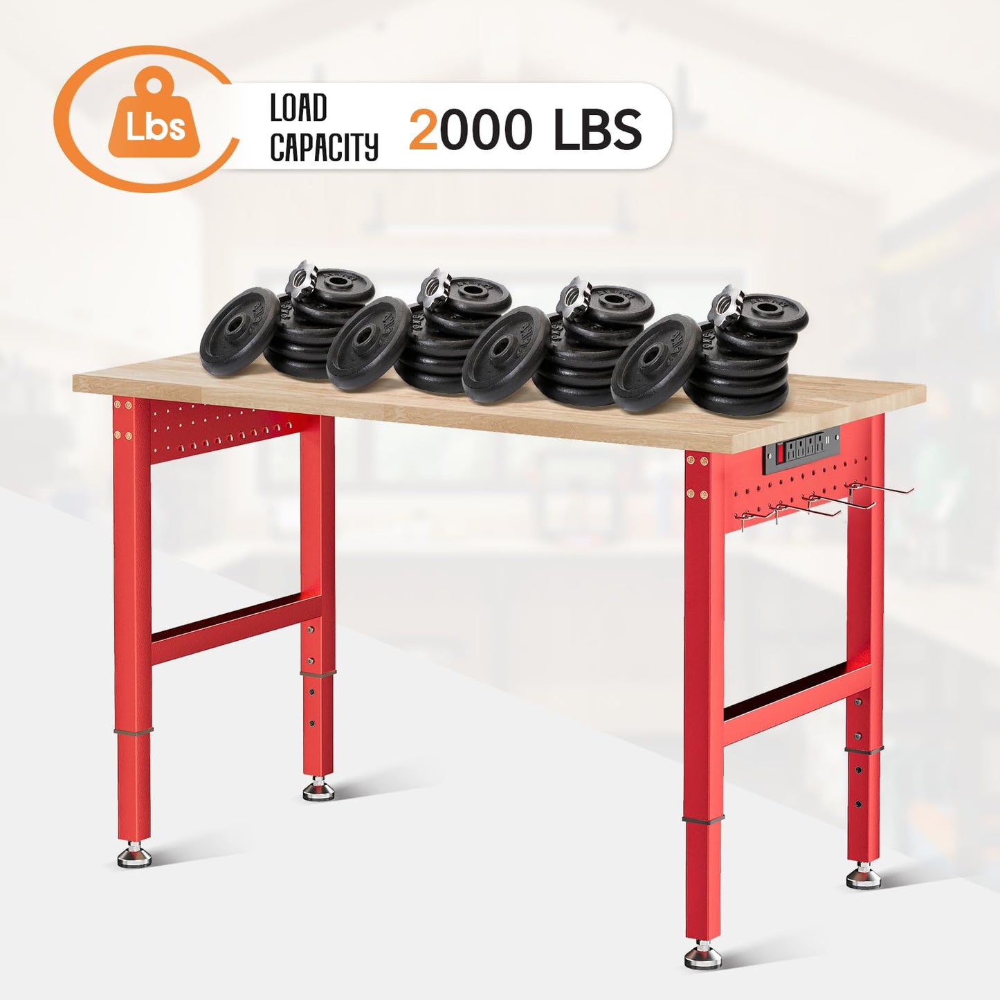 SPECRAFT Red Adjustable Heavy Duty Workbench with 4 AC Outlet and 2 USB Ports Power Outlets, 2000 Lbs Capacity, Rubber Wood Top for Garage, Workshop, Office