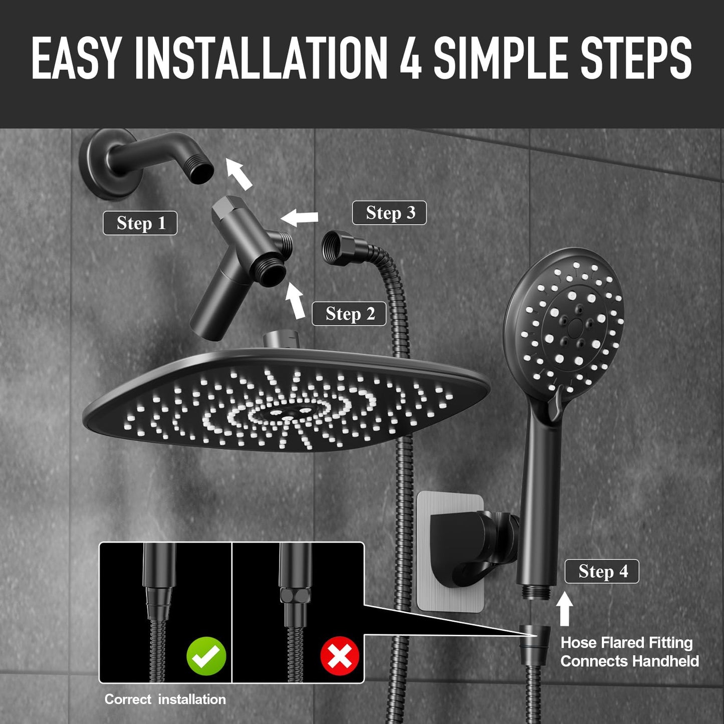 Veken Rain Shower Head with Handheld, High Pressure Rainfall Showerhead Combo with 5 Handheld Water Spray Modes for Bathroom Accessories, Home Decor, Detachable Dual Shower Heads, Matte Black, 10 Inch