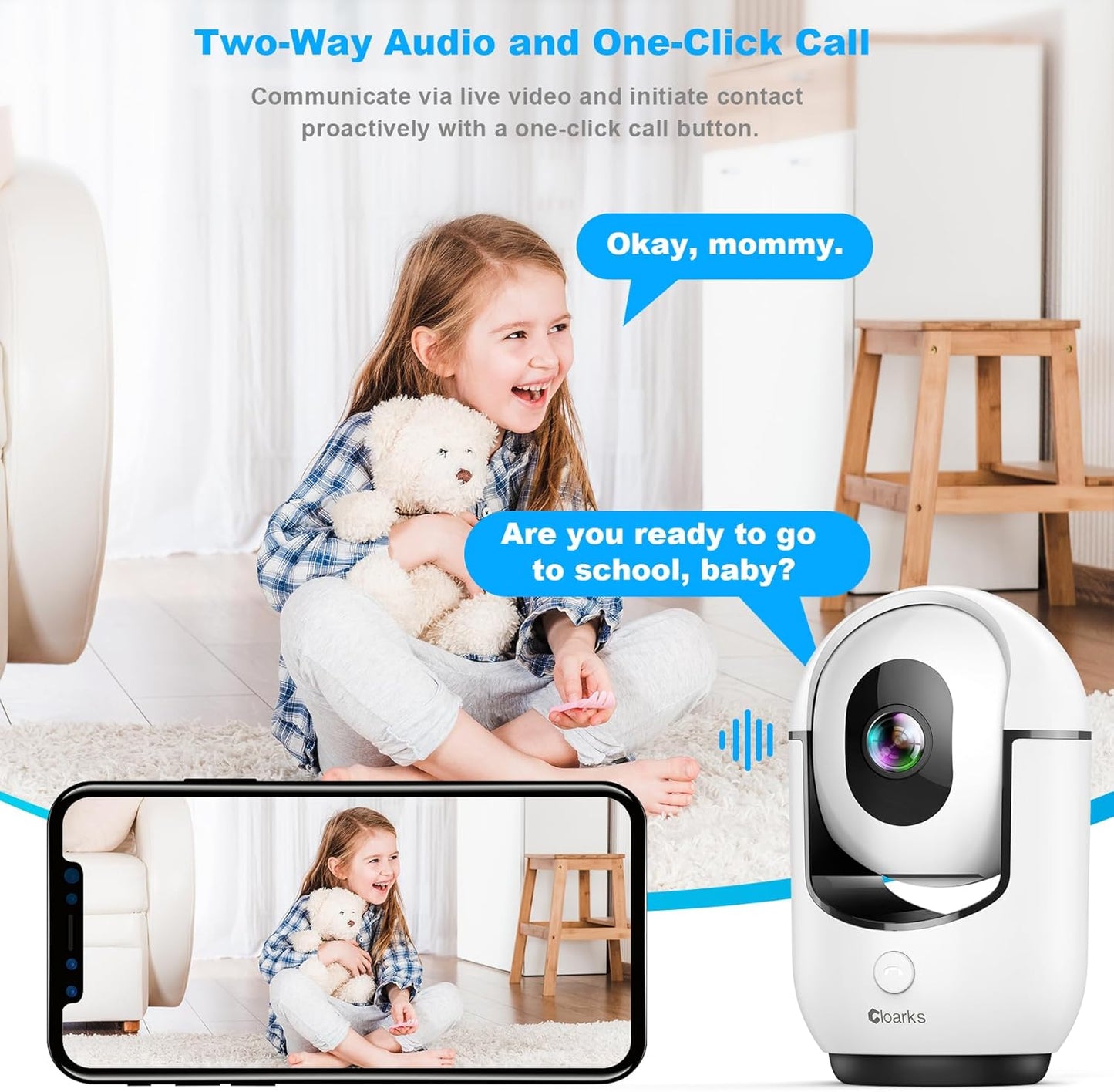 Cloarks 2K 2-Way 24/7, Pan/Tilt Security Camera, WiFi Indoor Cameras for Home Security with AI Motion Detection