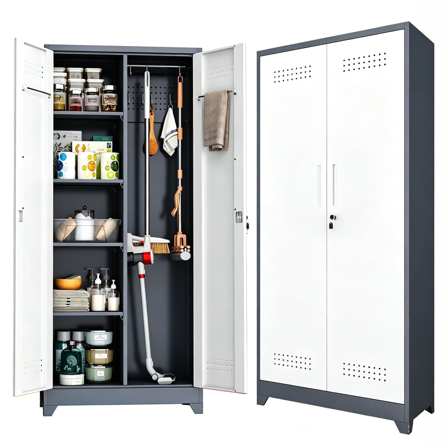 NICEGDLT Metal Storage Cabinet 72" Tall, Garage Storage Cabinet with Lockable Doors & Shelves, Utility Broom Closet, Steel Tool Cabinet for Garage, Laundry Room, Home Office, Grey/White