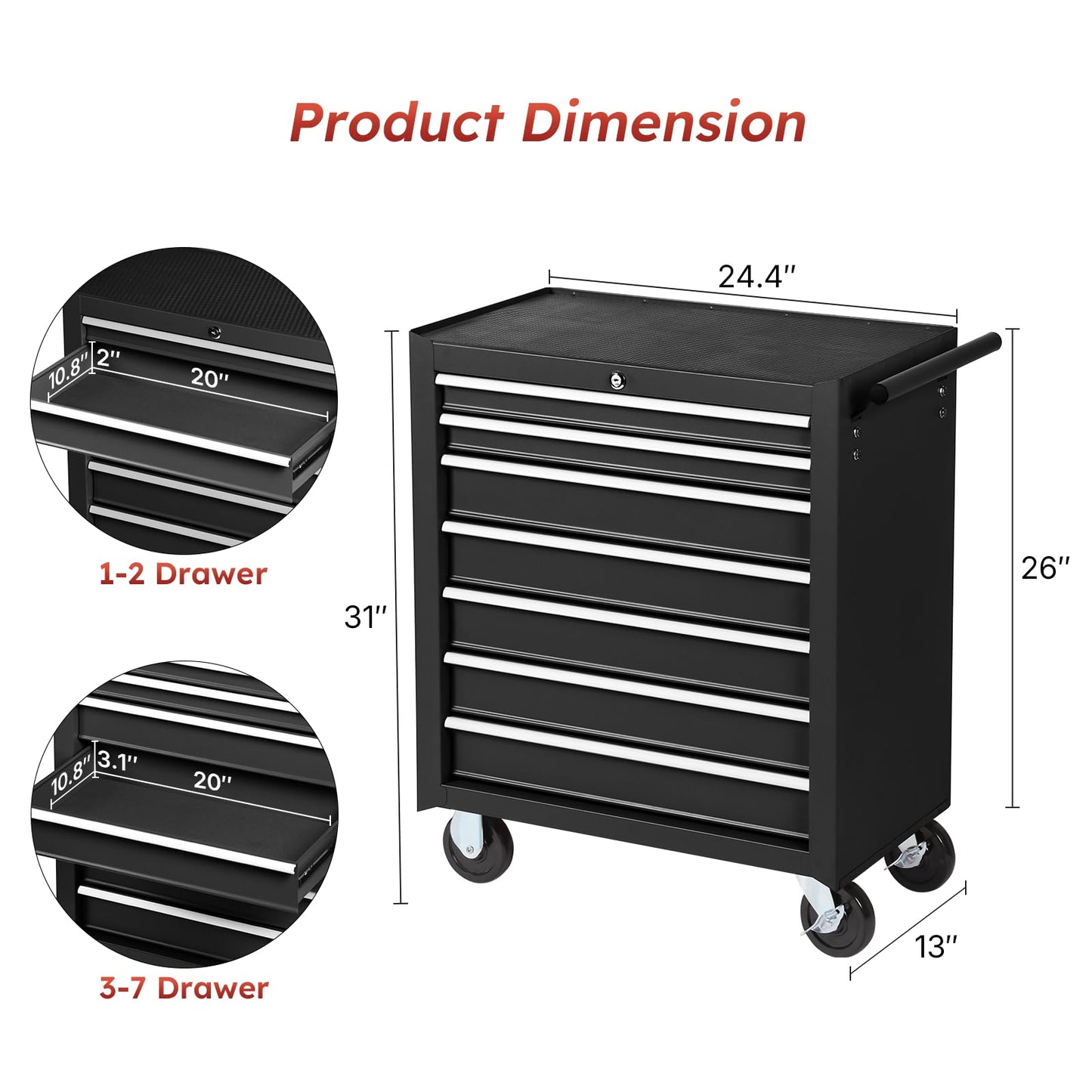 Rovibek 7-Drawer Rolling Tool Chest, Metal Rolling Tool Box with Lockable Drawers, High Capacity Tool Storage Cabinet for Garage, Workshop, Warehouse, Mechanics, Repair Shop (Black)