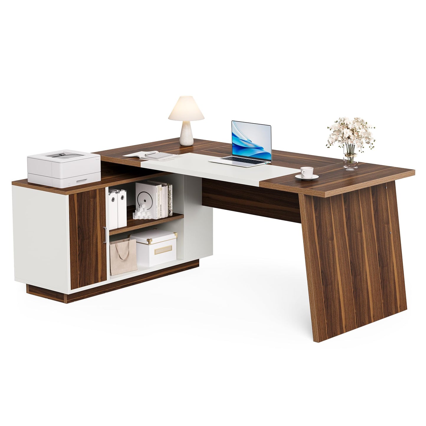 LITTLE TREE 70.5-Inch Executive Desk, Large Home Office Desk with Storage Cabinet and Open Shelves, L-Shaped Computer Corner Desk, Workstation for Office Home, Walnut and Black
