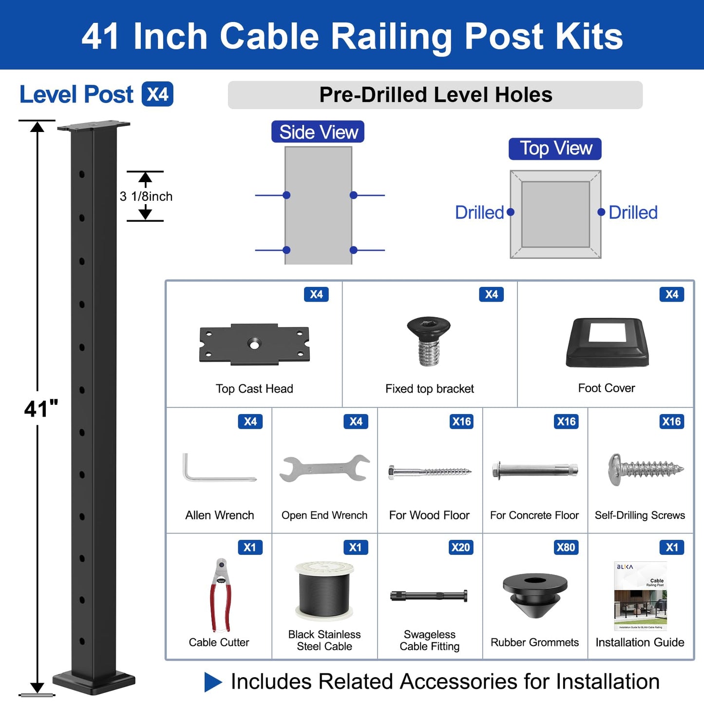 BLIKA 12FT-20FT Complete Set 42" Cable Railing Post Kit, Black Level Drilled Cable Railing Post, Swageless Cable Railing System Include 4Pack Level Posts, 1/8" 300FT Stainless Steel Cable(No Handrail)