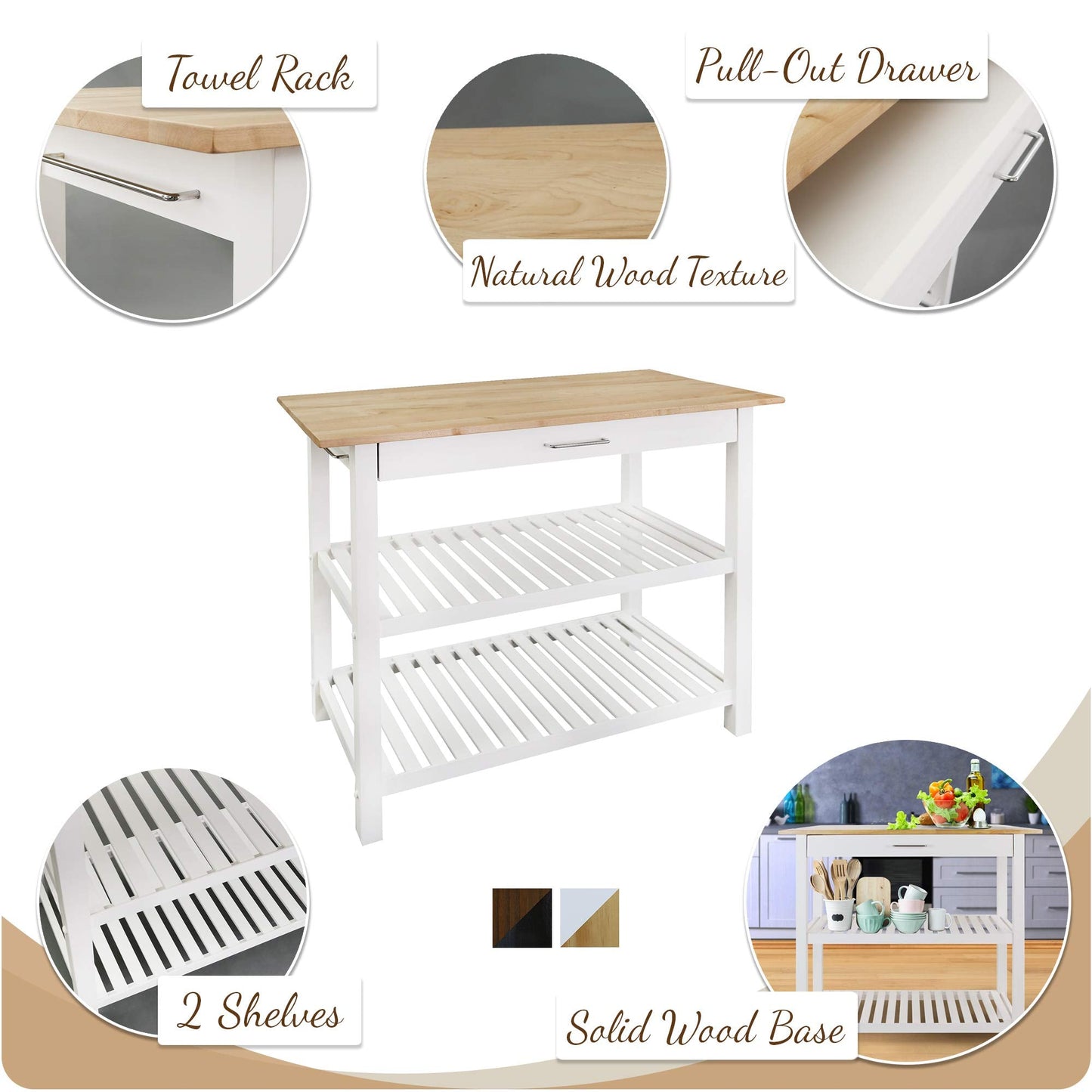 Casual Home Solid Wood Kitchen Island, Natural Maple Top, White Base (New) 40*20*36.5inch