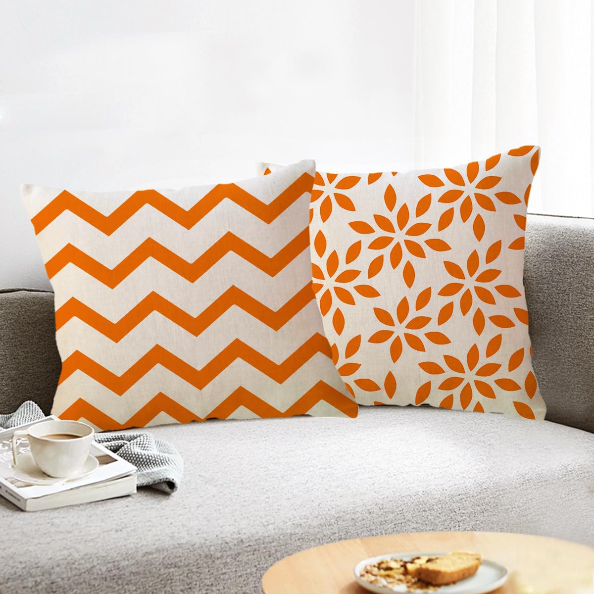 Bless Our Home Throw Pillow Covers 18x18 Double-sided Printed Farmhouse Geometric Dahlia Floral Pillowcases Modern Decorative Cushion Covers 4Pack for Porch Couch Sofa Decor (Orange)