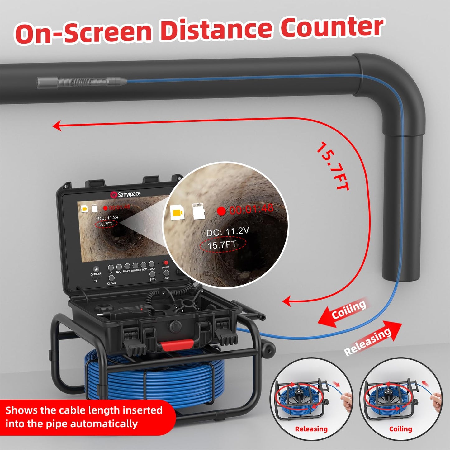 Sanyipace Drain Camera with Locator, Self-Leveling Sewer Camera with 512Hz Transmitter, Distance Counter, 5X Zoom, 4500mAh Battery, 165FT/50M Waterproof Pipe Camera for Plumbing Duct Home Inspection