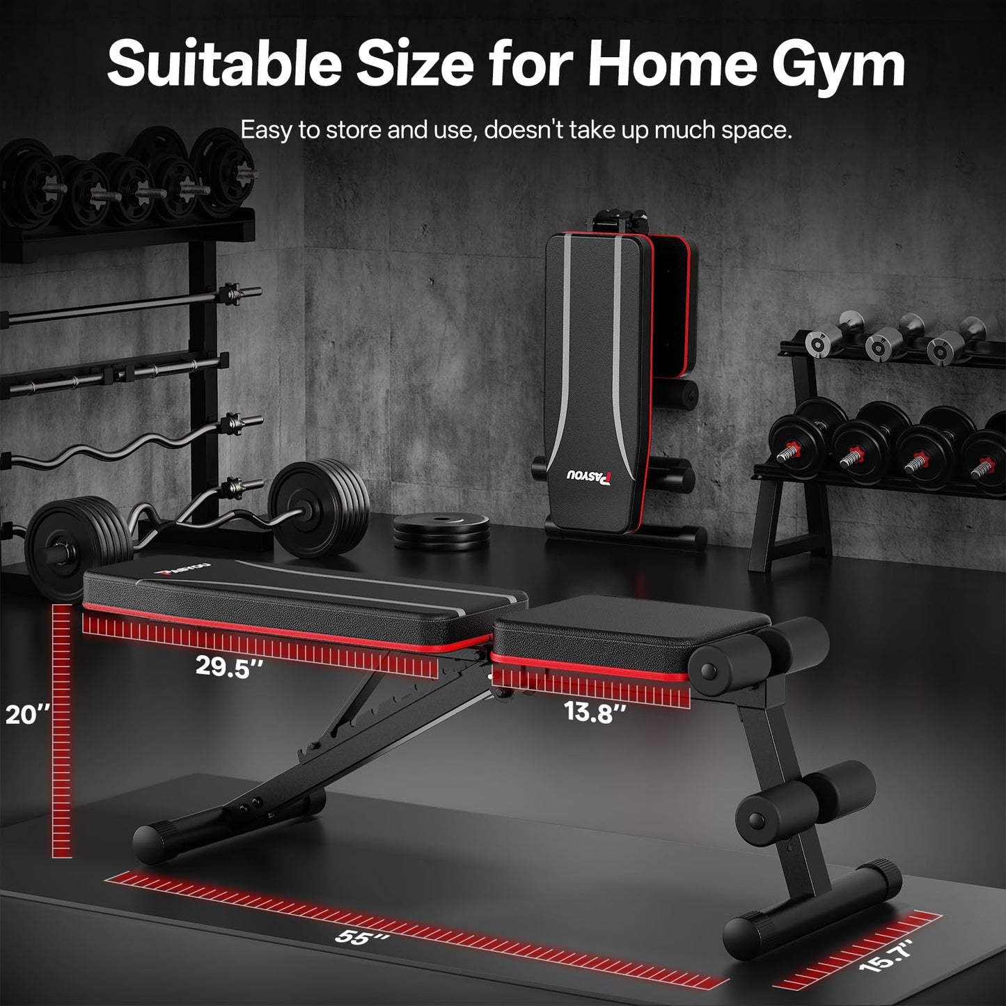 PASYOU Adjustable Weight Bench, Foldable Incline Decline Flat Bench with 660 lb Capacity, 95% Pre-Assembled, Compact Bench Press Full Body Strength Training Bench for Home Gym, Wider Seat, Grey
