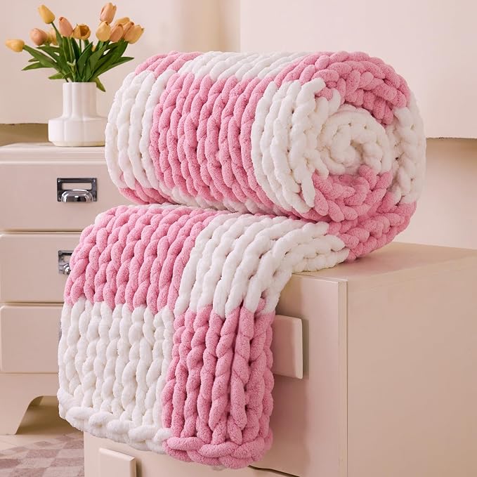 Admitrack Chunky Knit Blanket Throw 51"x63", 100% Hand Knit Chenille Throw Blanket for Sofa & Home Decor, Soft and Cozy Knitted Throw Blankets (Pink Checkered，51"x63")