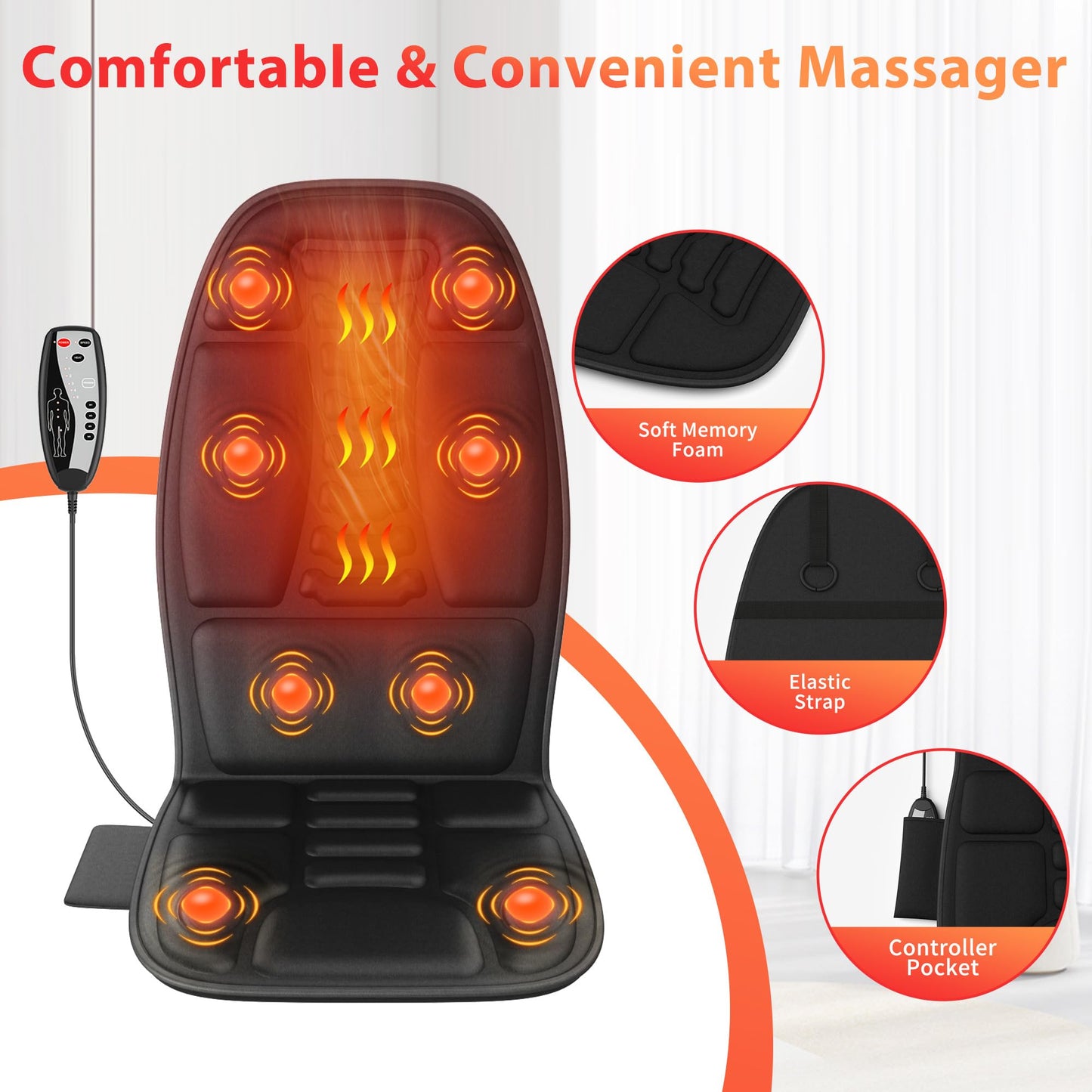 comrelax Back Massager with Heat, Massage Chair Pad with 5 Modes & 2 Heat Levels for Back & Thighs, Back Massage Pad for Office & Home Chairs, Matte Black